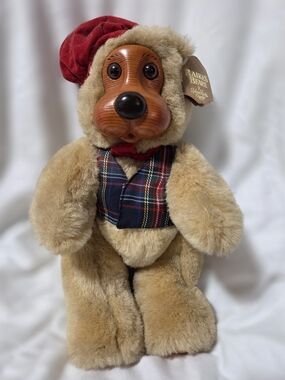 Plush Tan Dog with Red Hat and Tartan Vest